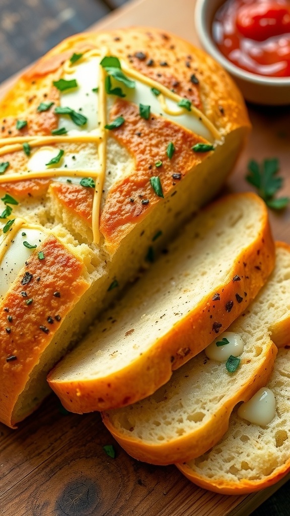 A loaf of four cheese garlic bread with melted cheese, sliced and garnished with parsley, on a wooden table with marinara sauce.